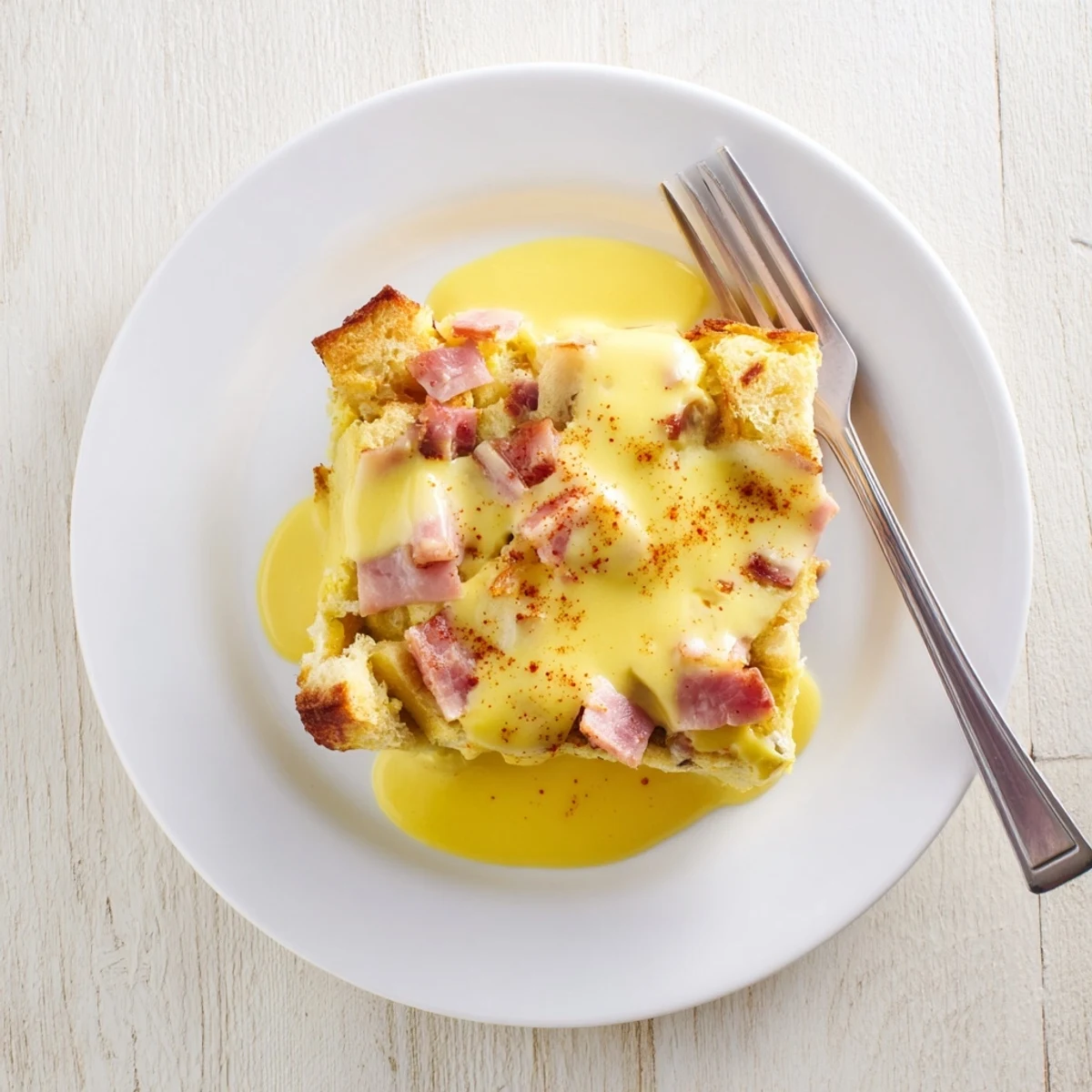 Golden Eggs Benedict Casserole with Canadian bacon and English muffins ready for a brunch party.