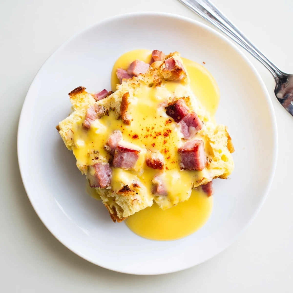 Savory Eggs Benedict Casserole baked with eggs, bacon, and hollandaise, served on a white plate.