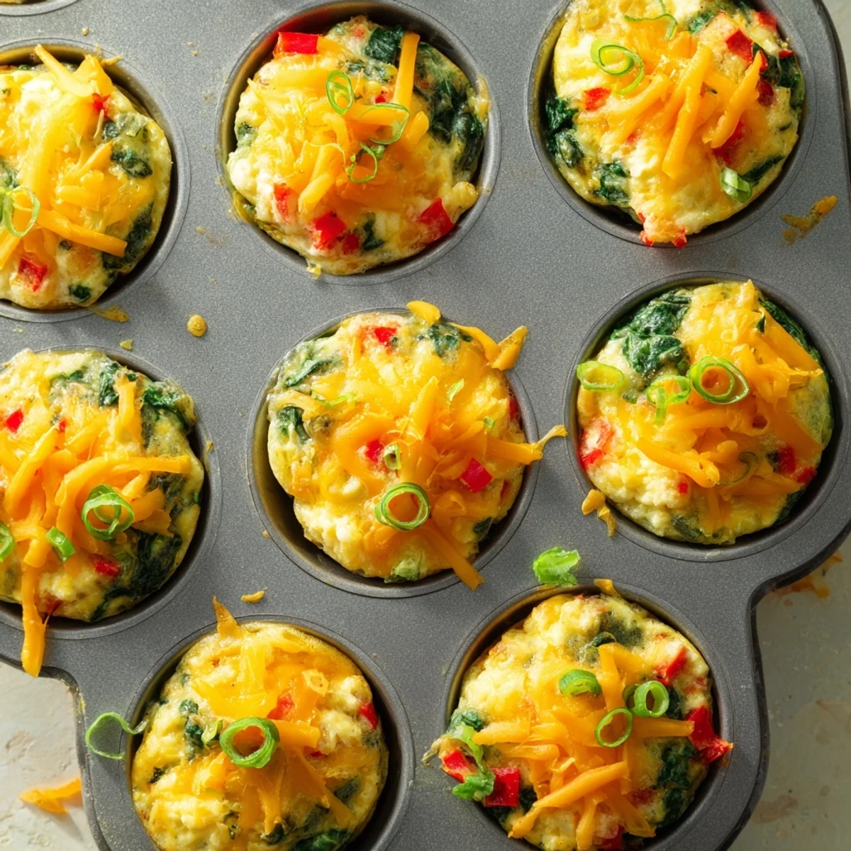 Twelve golden Muffin Tin Cottage Cheese Egg Bites arranged on a wooden board, perfect for a quick, protein-packed snack.