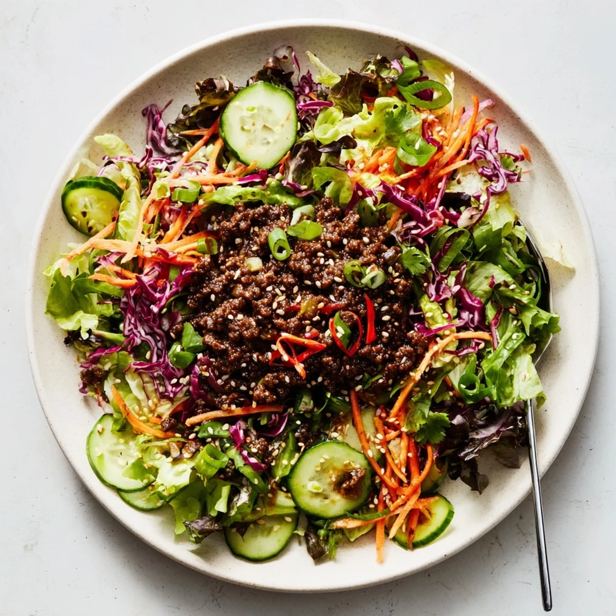 A close-up of Satisfy Your Cravings Spicy Keto Korean Ground Beef Salad showing juicy warm beef, vibrant red cabbage, and cucumber slices garnished with toasted sesame seeds and chopped green onions.