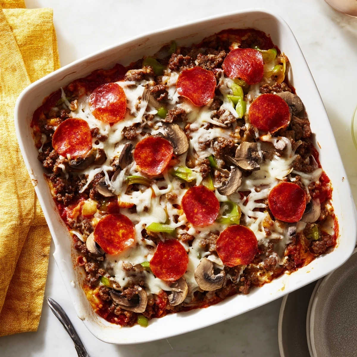 A slice of Easy Low Carb Keto Crustless Pizza Casserole is lifted from the pan, revealing melted mozzarella and bubbly cheddar toppings.