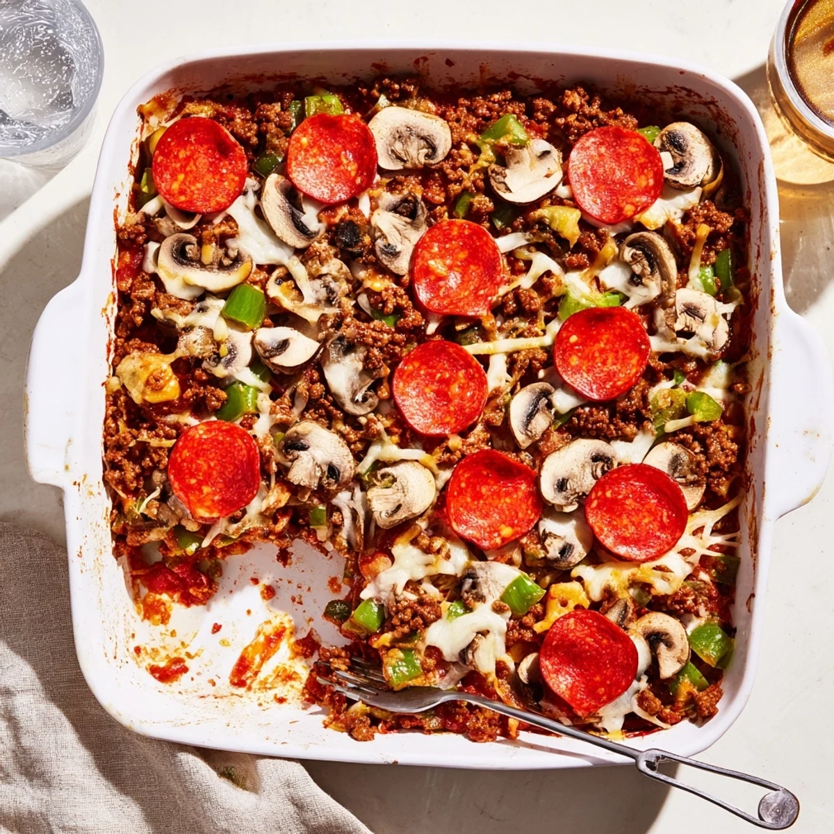 A close-up of Easy Low Carb Keto Crustless Pizza Casserole in a baking dish, with golden pepperoni and fresh herbs on top.