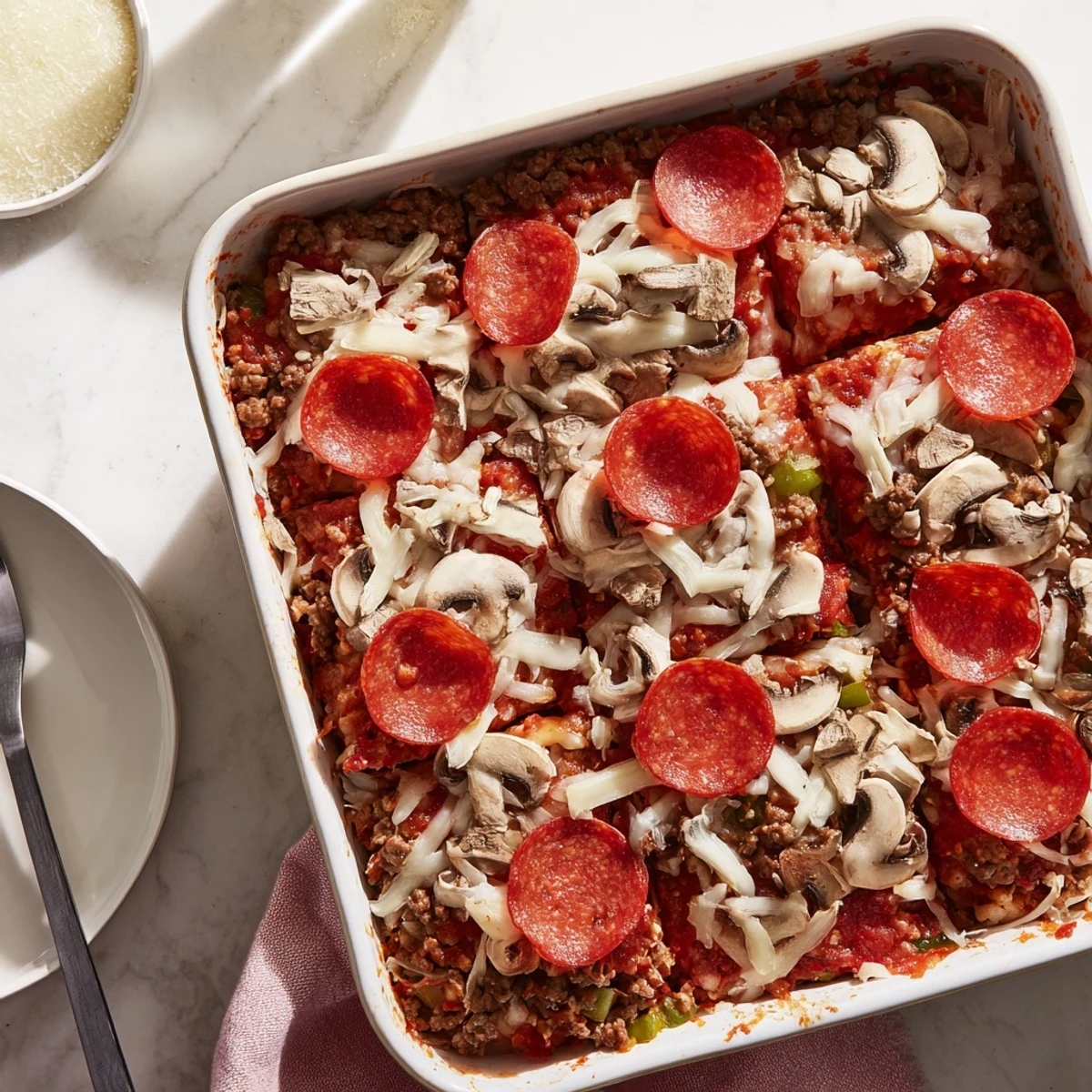 Serving Easy Low Carb Keto Crustless Pizza Casserole on a plate with a green salad, showing a hearty, cheesy main dish.