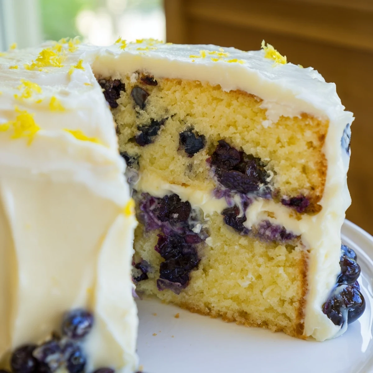 Lemon Blueberry Cake with Cream Cheese Frosting, garnished with zest, sits beside a cup of Earl Grey tea. 