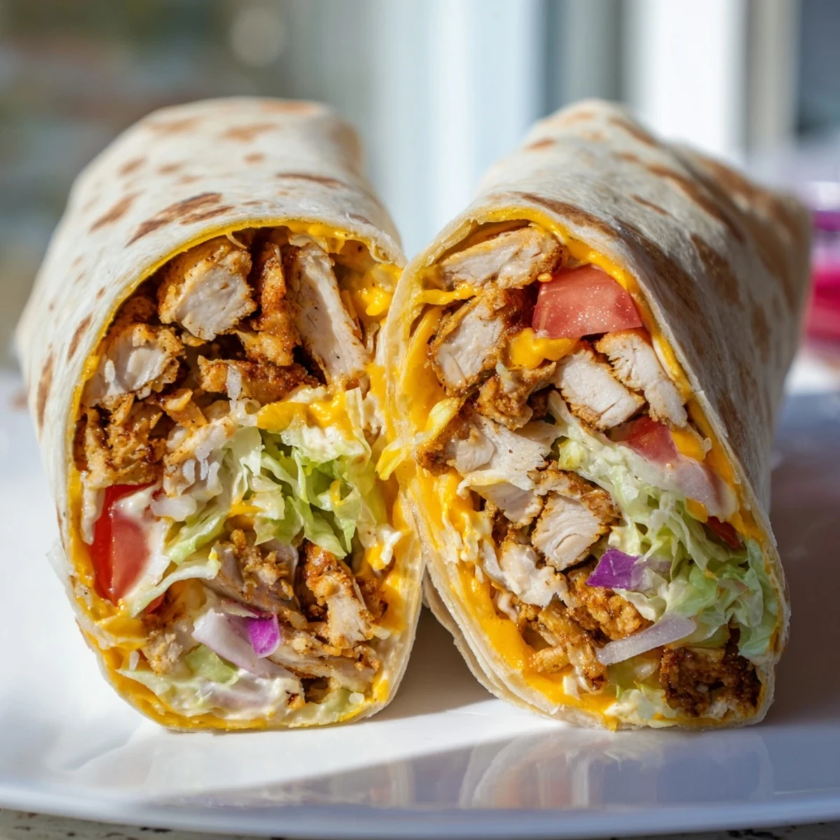 A close-up view of a sliced Cheesy Garlic Chicken Wrap reveals juicy chicken strips and melted mozzarella inside a grilled flour tortilla.