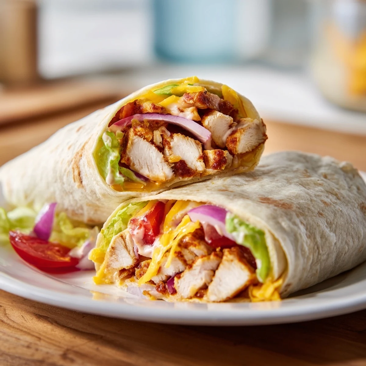 Golden-brown Cheesy Garlic Chicken Wraps sit on a wooden board with fresh lettuce and tomato, showing melted cheese oozing from the soft tortilla.