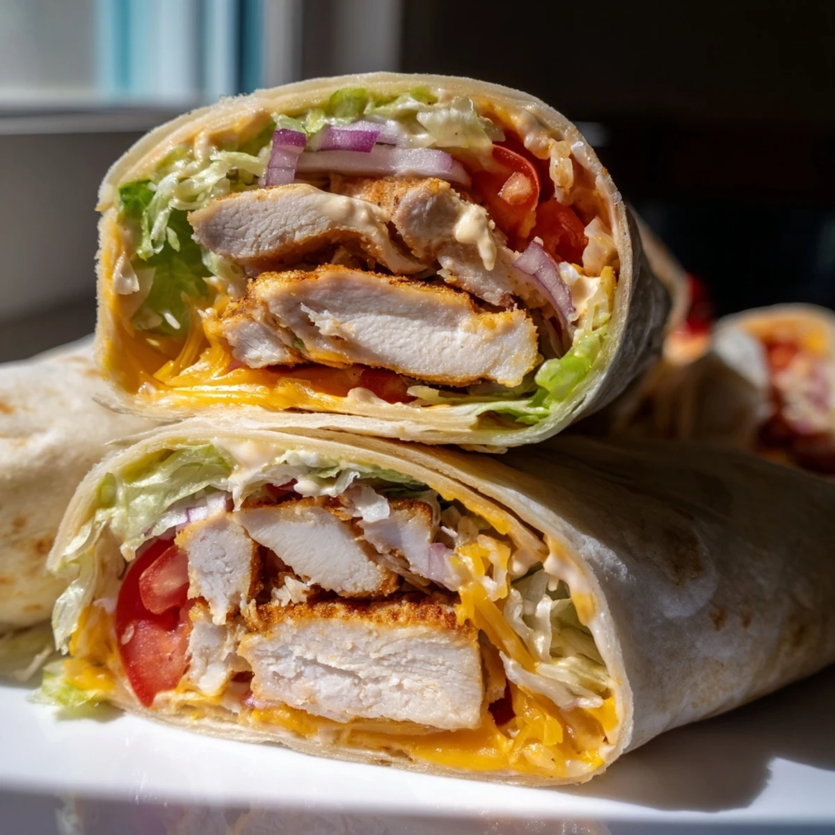 Freshly prepared Cheesy Garlic Chicken Wraps are stacked on a plate, garnished with red onion and a side of creamy dipping sauce.