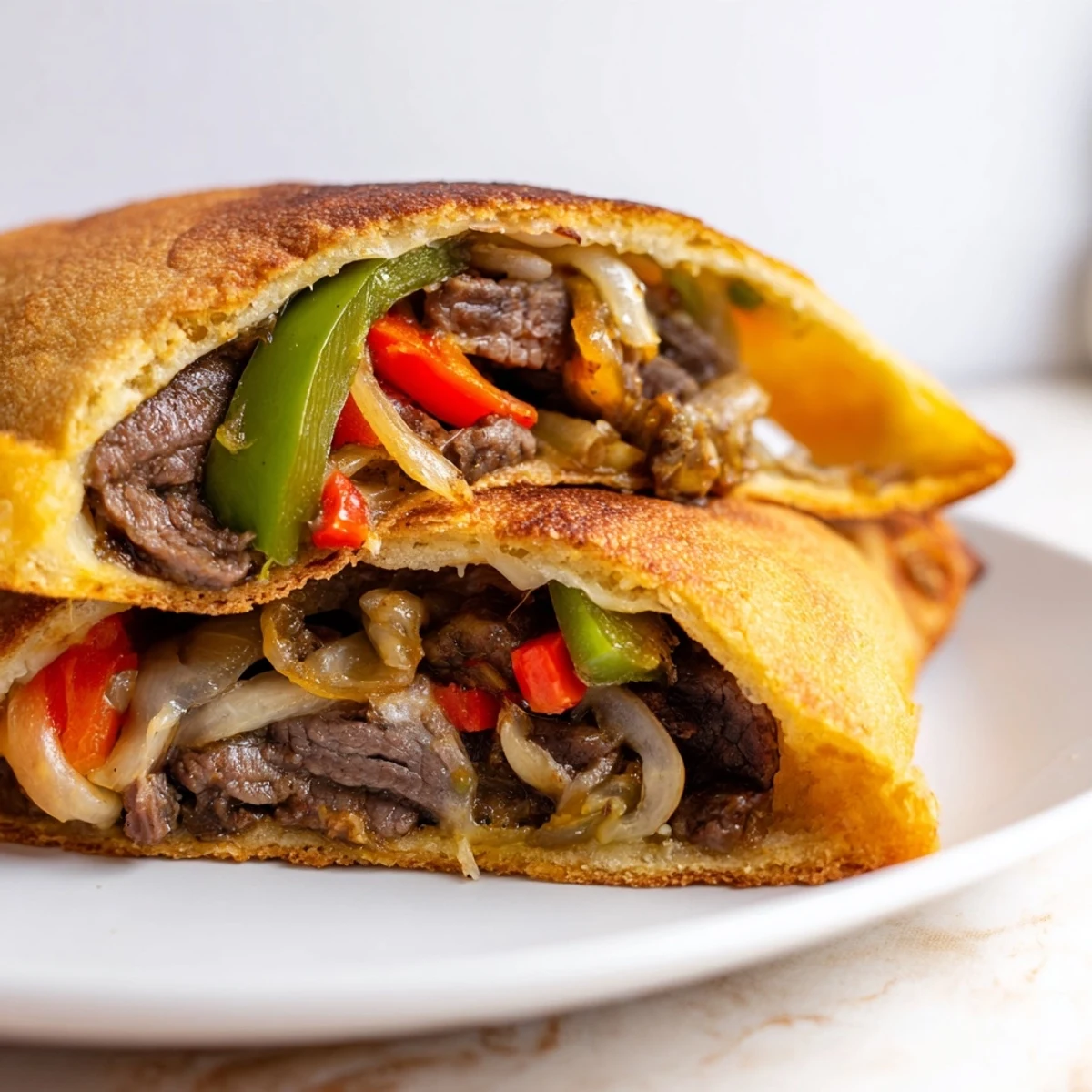 Golden-baked Ultimate Keto Philly Cheesesteak Rolls sit on a wooden board, sliced open to reveal melted provolone and savory steak filling.