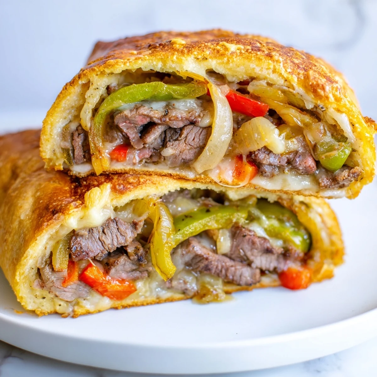 Steam rises from the Ultimate Keto Philly Cheesesteak Rolls, highlighting the sautéed peppers and onions inside the golden brown crust.