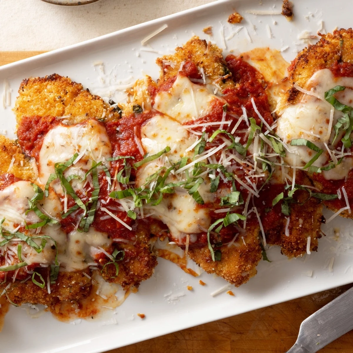 Golden, crispy Keto Chicken Parmesan fresh from the oven, topped with bubbling mozzarella and rich marinara.
