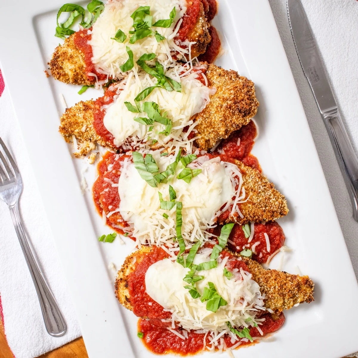 Juicy keto chicken breasts with a crunchy coating, served on a plate with fresh basil garnish.