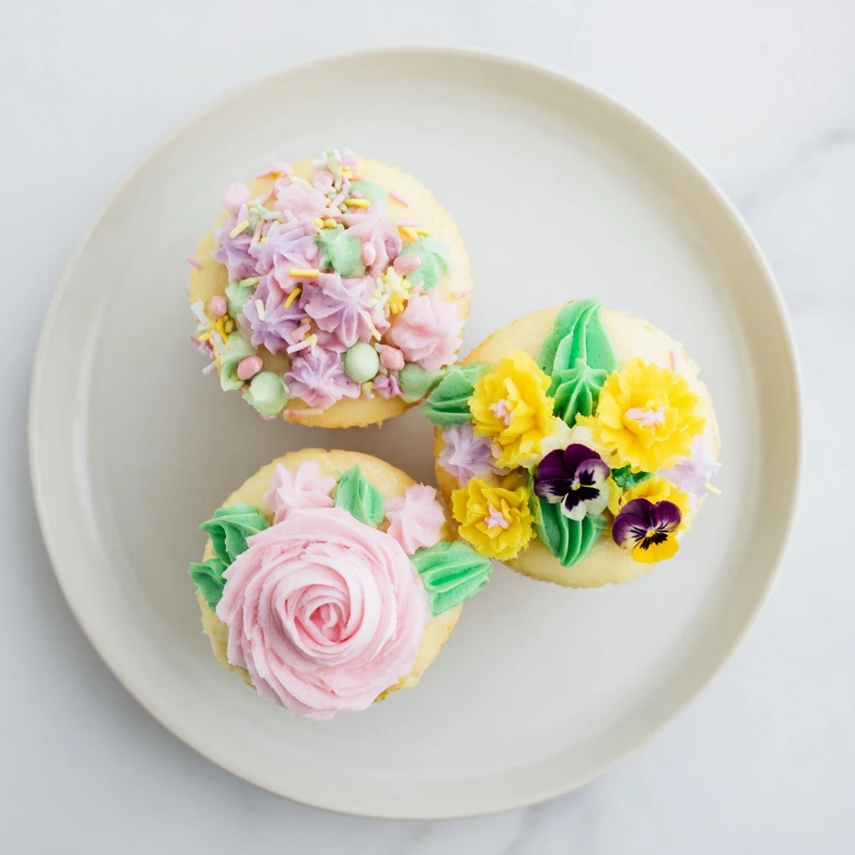 Vanilla Baby In Bloom Cupcakes with pastel buttercream swirls and edible flowers on a pastel table.