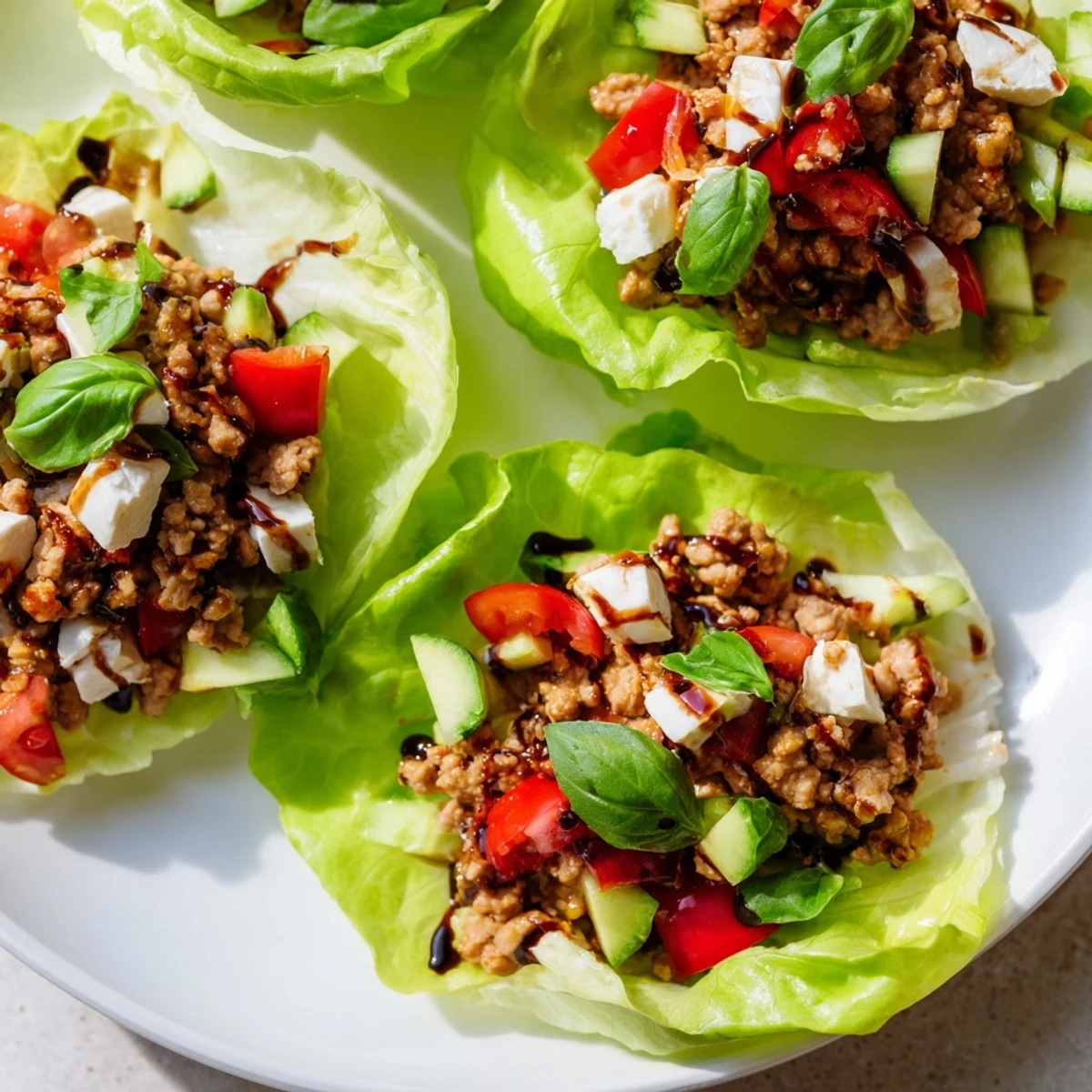 Freshly cooked Italian Lettuce Wraps displayed on a platter, filled with savory turkey, diced tomatoes, and creamy mozzarella.