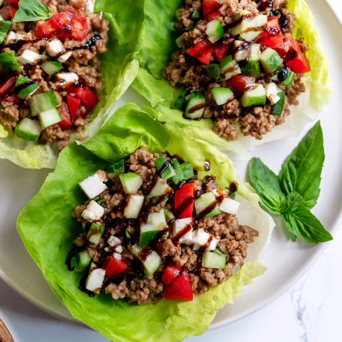 A close-up of Italian Lettuce Wraps with vibrant red tomatoes, green cucumber, and fresh basil leaves on butter lettuce.