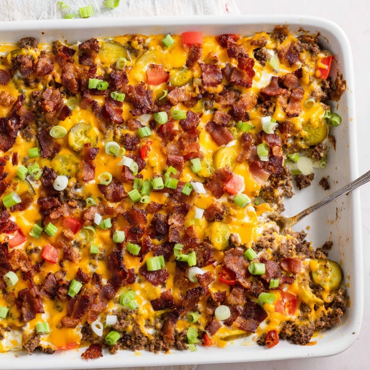 A close-up of Low Carb Bacon Cheeseburger Casserole with melted cheddar and crispy bacon bits on top.