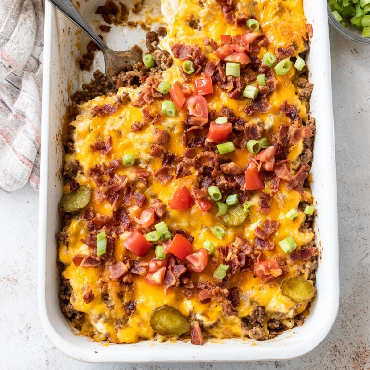 This hearty Low Carb Bacon Cheeseburger Casserole is ready to serve with a green salad on the side.