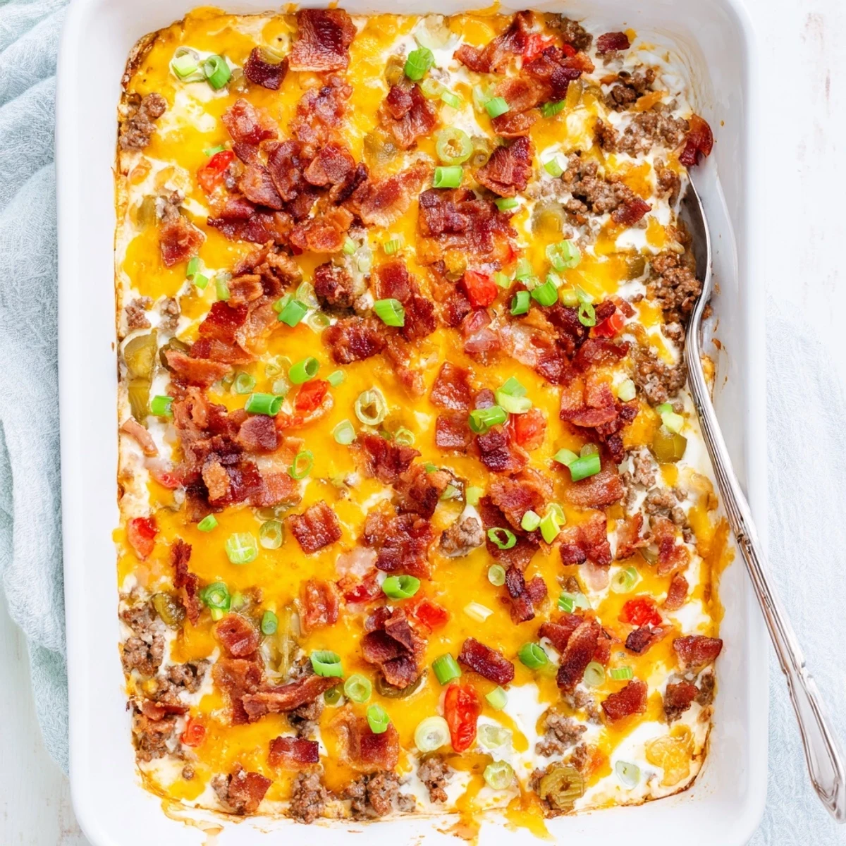The golden-brown Low Carb Bacon Cheeseburger Casserole shows chunks of ground beef and diced pickles inside.