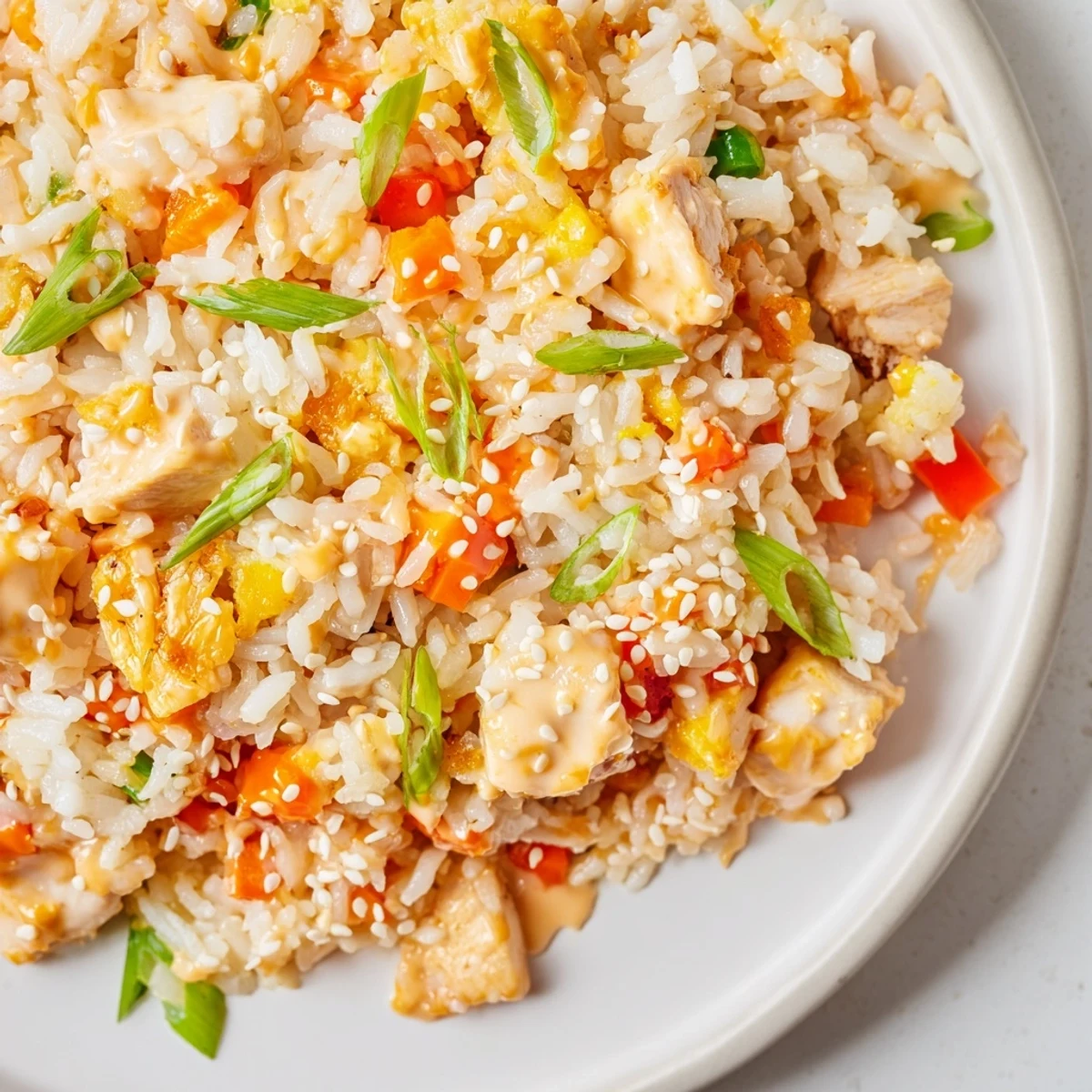 Sizzling pan of Bang Bang Fried Rice tossed with crisp carrots, bell peppers, and peas, topped with sesame seeds and green onions.