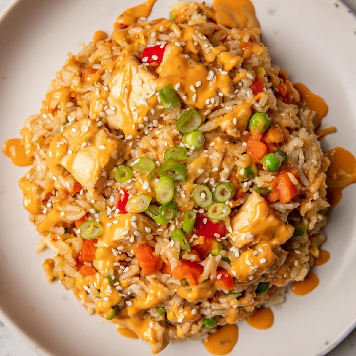 Vibrant Bang Bang Fried Rice in a white bowl with creamy orange sauce drizzled over diced chicken and colorful vegetables.