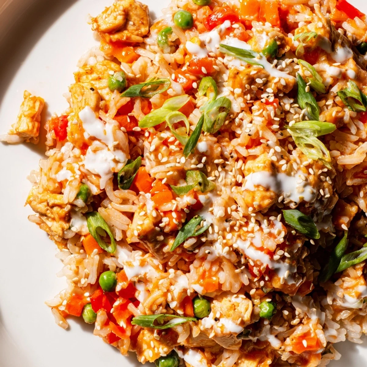 Close-up of Bang Bang Fried Rice served on a plate, featuring fluffy jasmine rice, tender chicken, and a spicy, creamy drizzle.