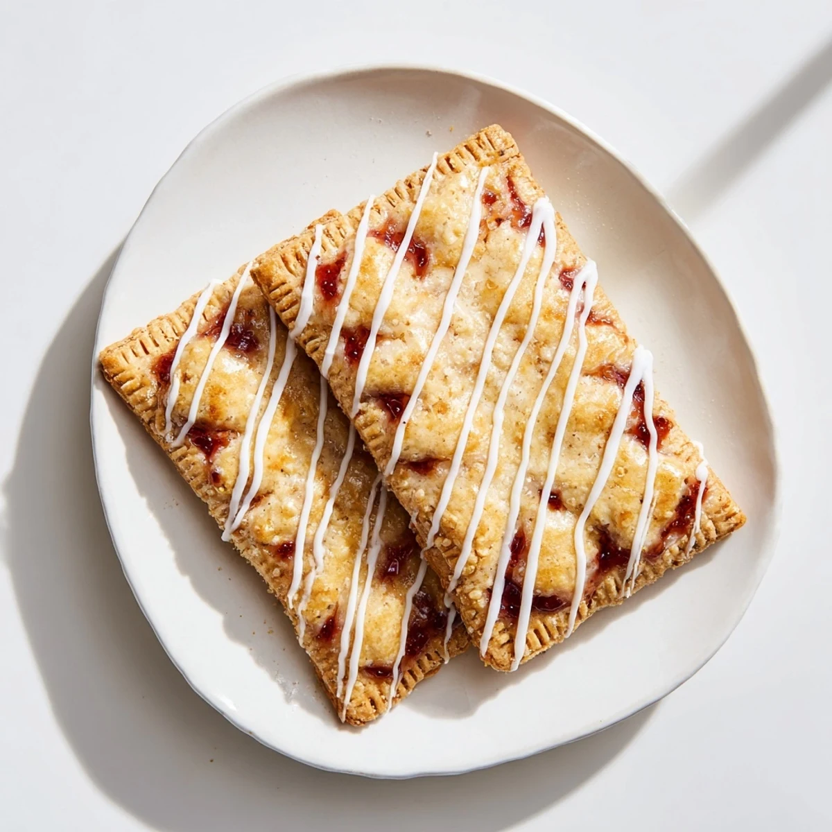Freshly baked Protein Pop Tarts sit on a wire rack with a glossy vanilla icing drizzle and fruity jam peeking from the edges.