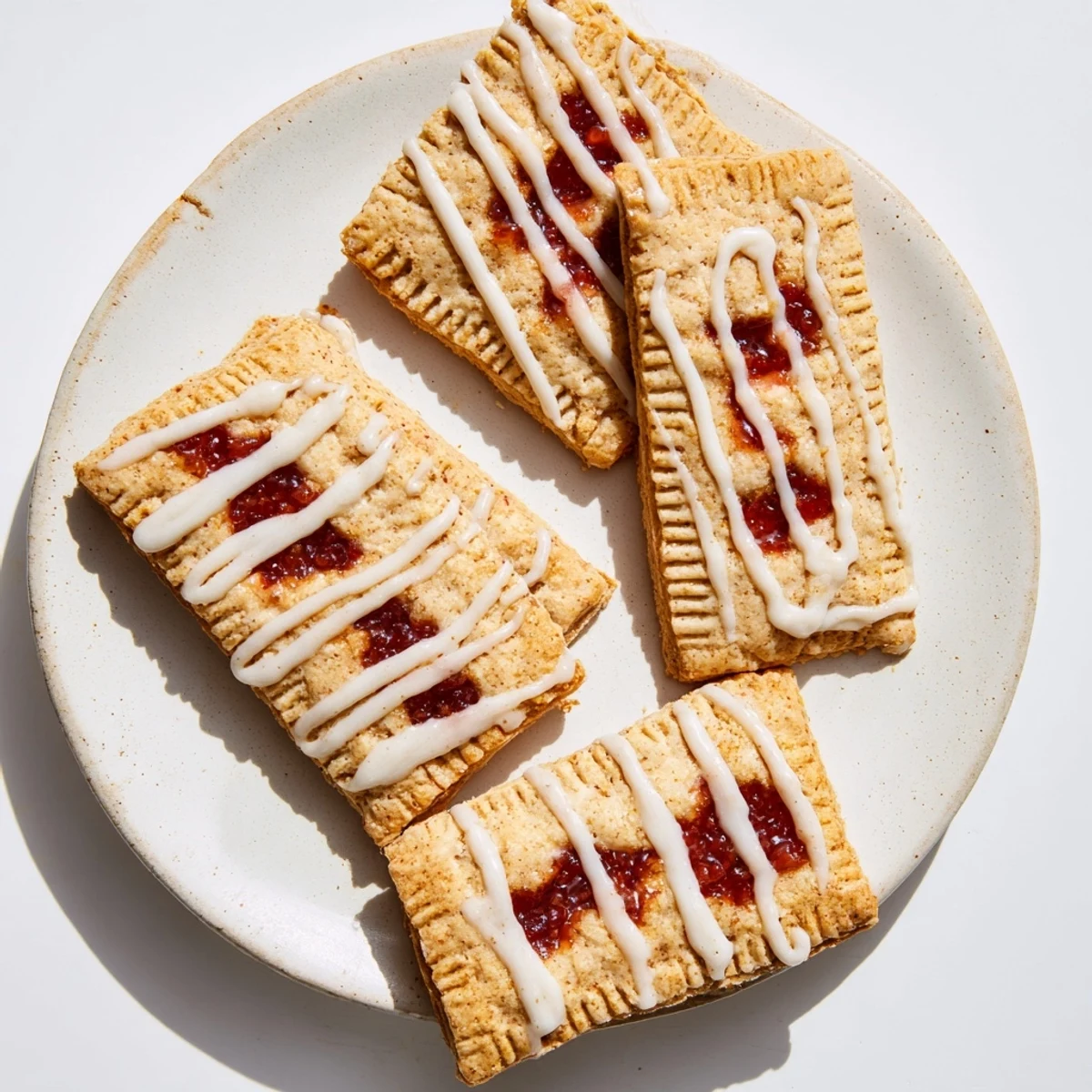 Golden Protein Pop Tarts with a rustic texture and sliced open to reveal a vibrant, sweet fruit filling on a white plate.
