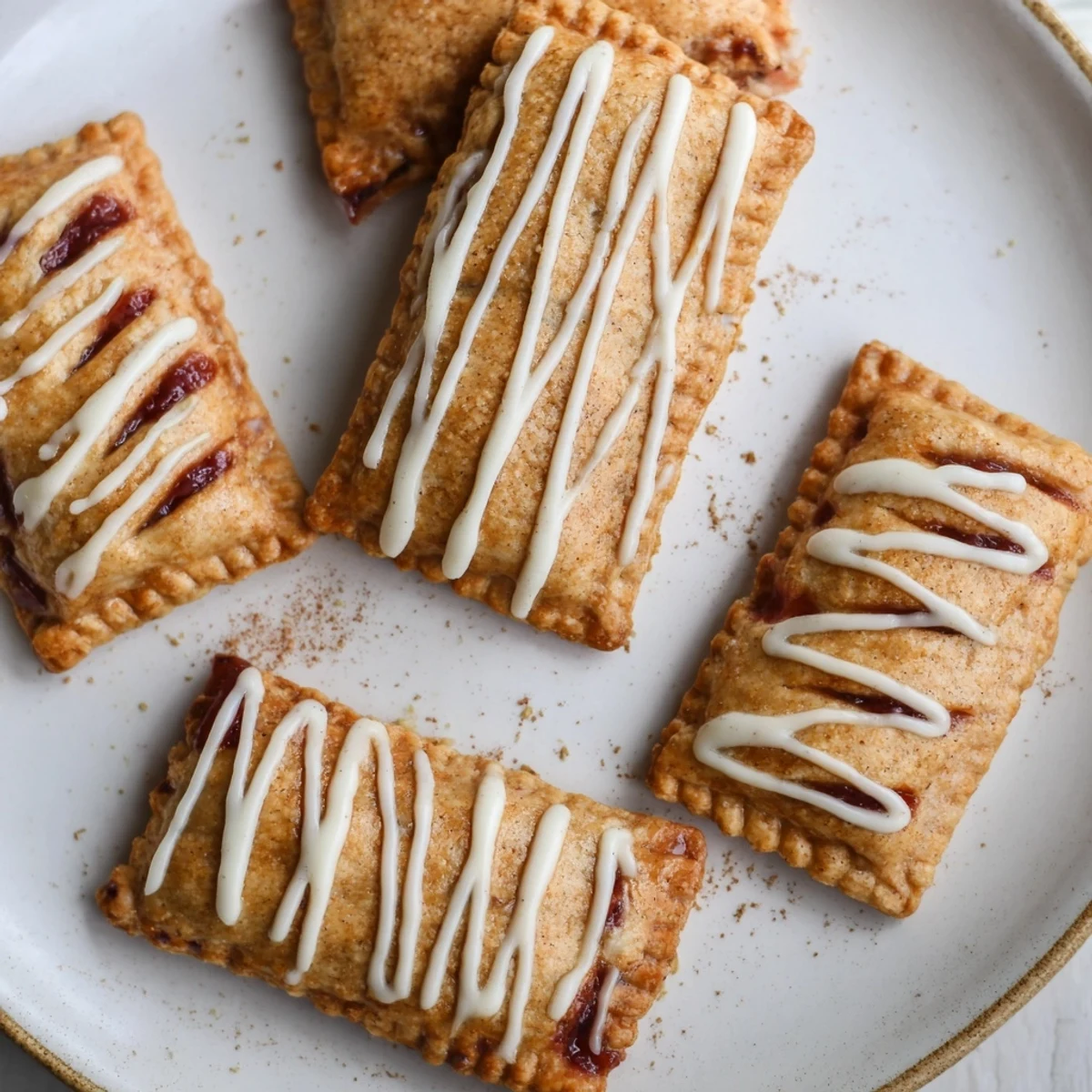 Homemade Protein Pop Tarts with a smooth icing glaze and scattered oat flour ingredients beside them on a clean countertop.