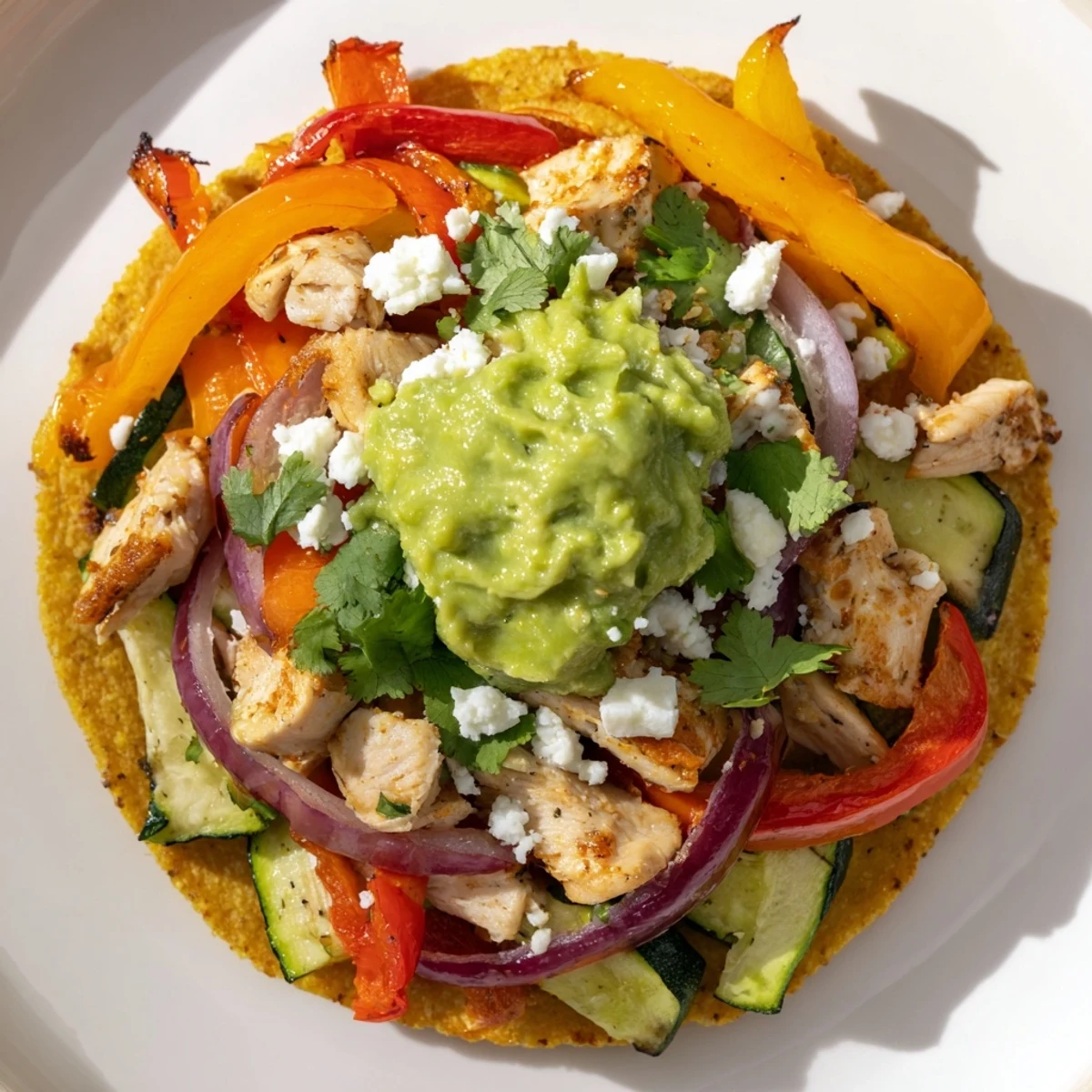 Golden, crispy corn tostadas loaded with spiced chicken, colorful sautéed veggies, and a generous scoop of creamy homemade guacamole.