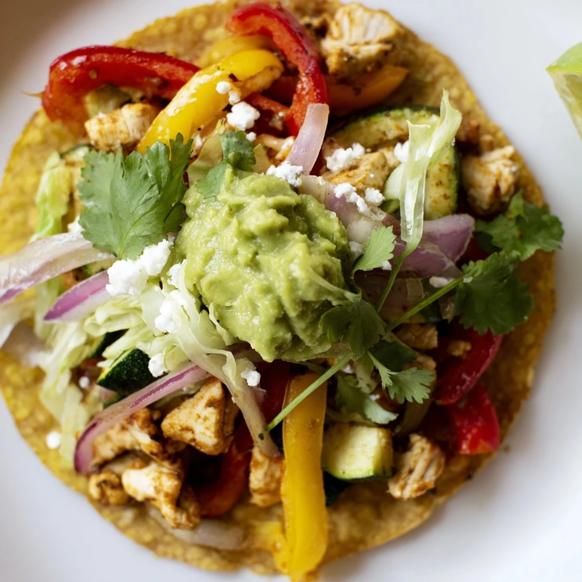 Freshly assembled Chicken Veggie Tostadas With Guacamole showcase vibrant red and yellow peppers, zucchini, and a cooling cilantro garnish.