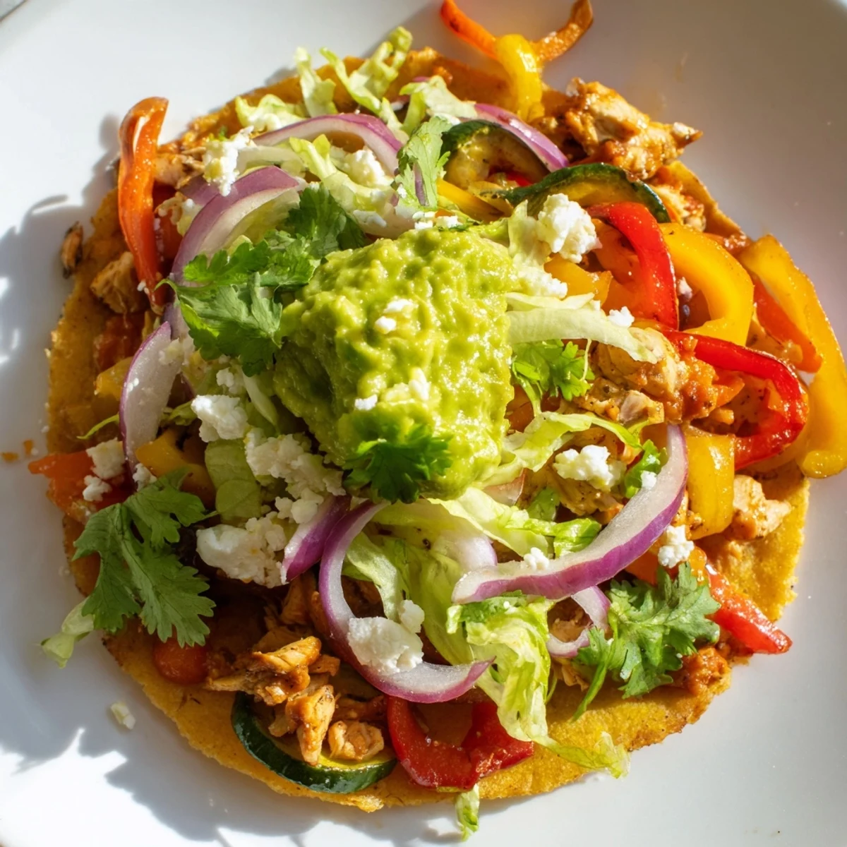 Enjoy this easy gluten-free main dish topped with juicy chicken, tender vegetables, and smooth guacamole on a crunchy tostada base.