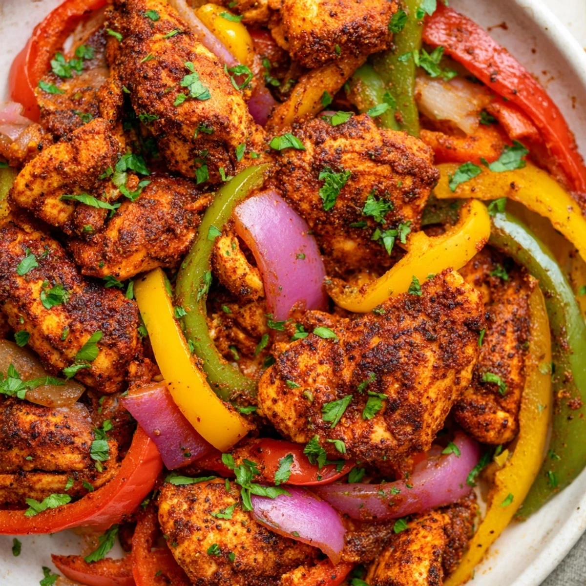 Sizzling chicken pieces coated in Cajun seasoning alongside vibrant bell peppers in a hot skillet. 