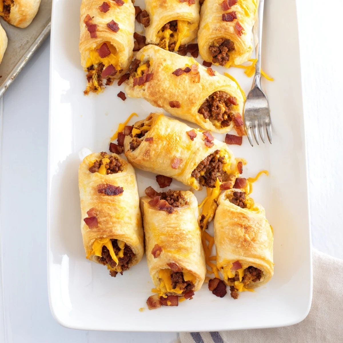Golden, flaky puff pastry rollups filled with cheesy bacon burger mixture, served warm as a crowd-pleasing appetizer.