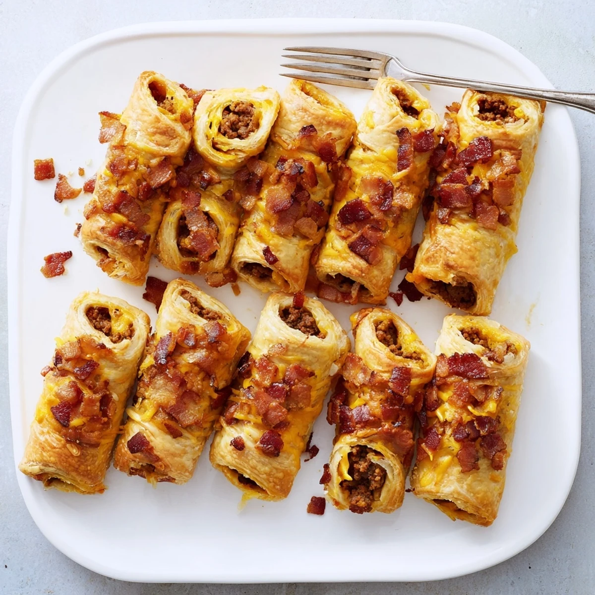 Bite-sized Cheesy Bacon Burger Rollups feature melted cheddar, crispy bacon bits, and savory beef in buttery pastry.