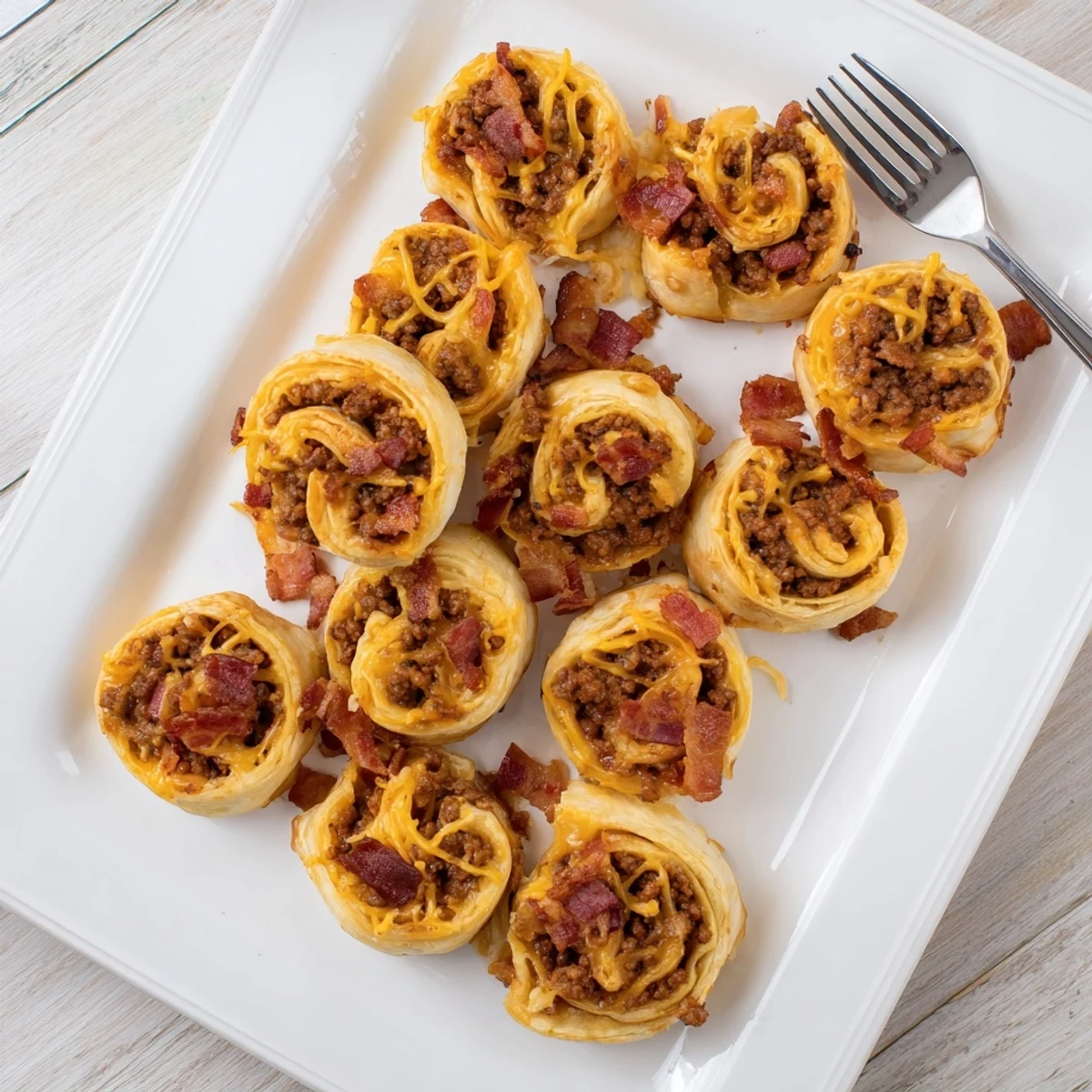 A close-up of baked Cheesy Bacon Burger Rollups on a plate with dipping sauce and fresh parsley garnish.