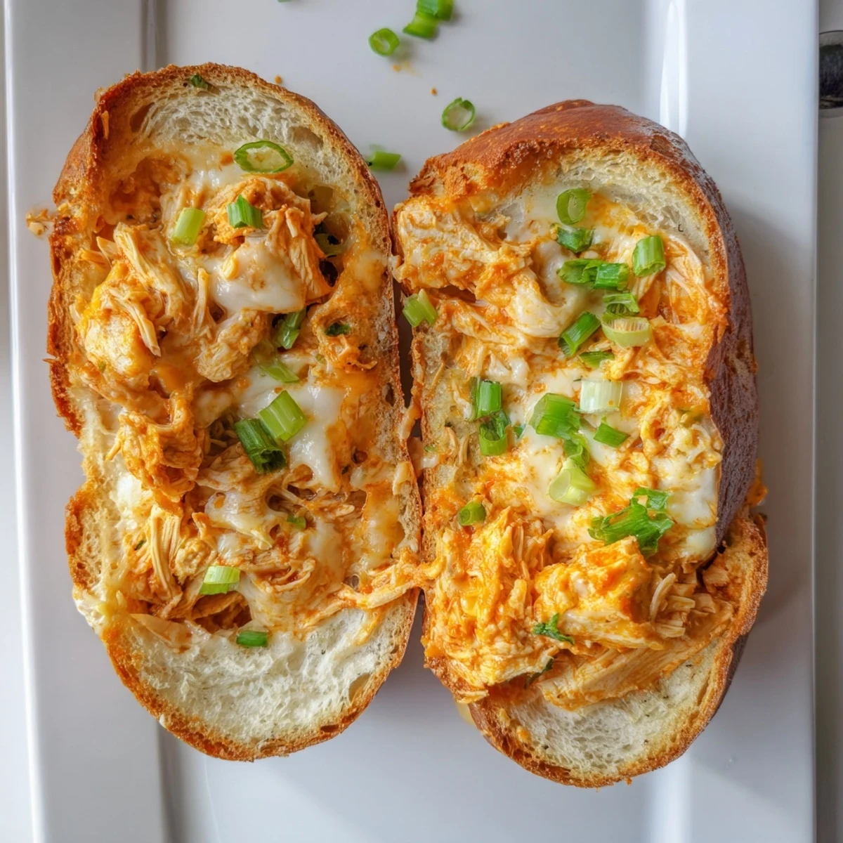 Warm Cheesy Buffalo Chicken Stuffed French Bread loaf with melted cheddar and mozzarella, served with celery sticks.