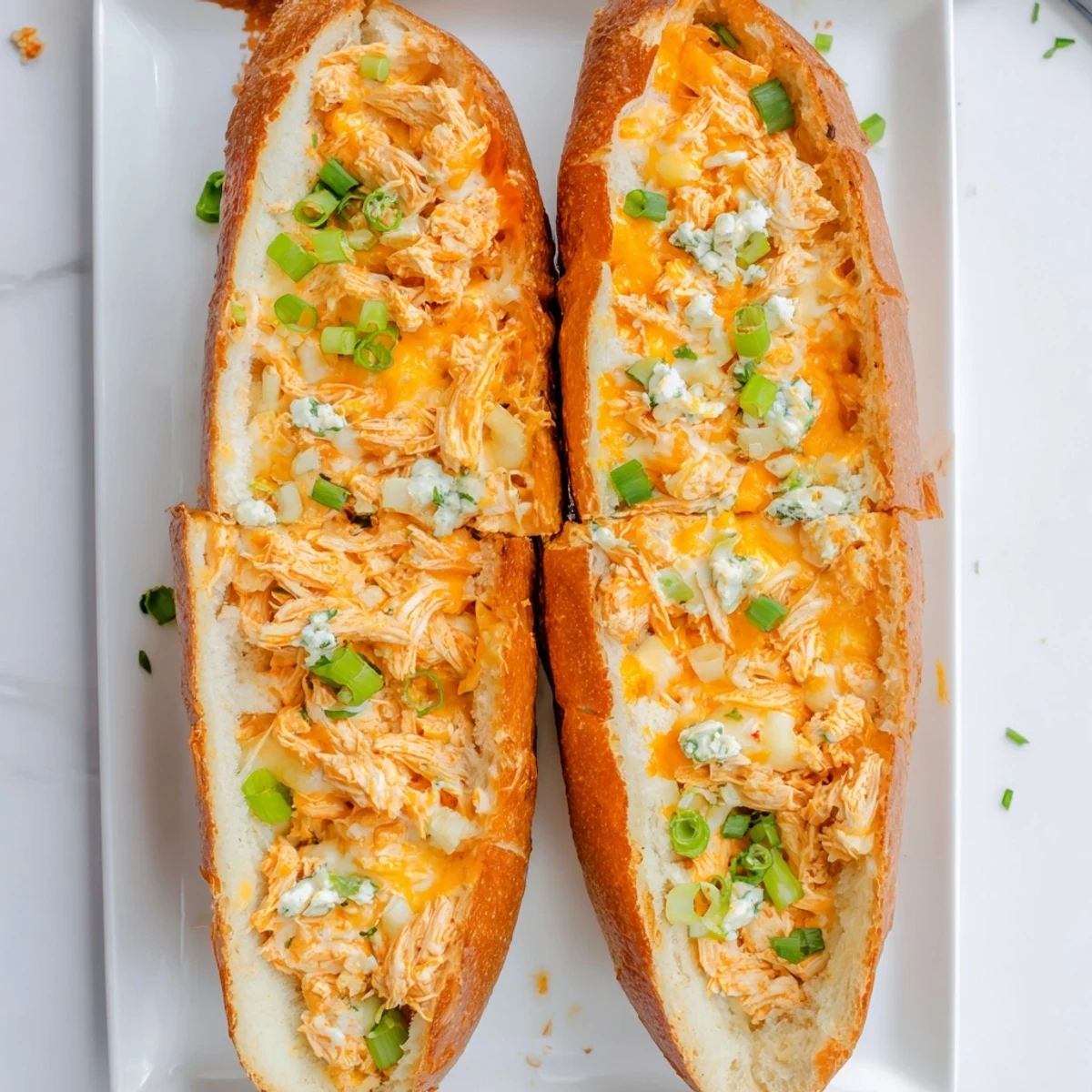 Sliced Cheesy Buffalo Chicken Stuffed French Bread revealing creamy interior, garnished with fresh green onions on a serving tray.