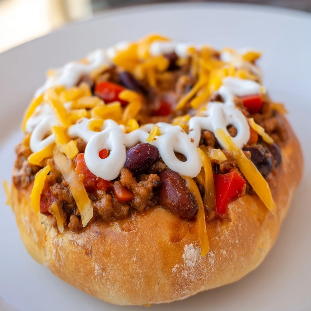 Warm, hearty chili-filled bread bowls decorated like footballs with cheese and sour cream laces, ready to serve.