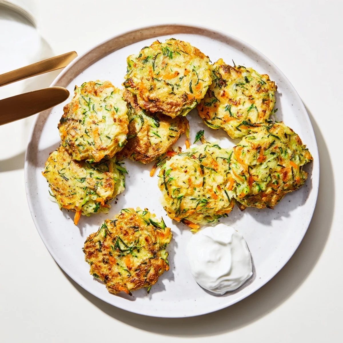 Golden, crispy zucchini fritters from the easy Mediterranean recipe are served hot with creamy tzatziki sauce.