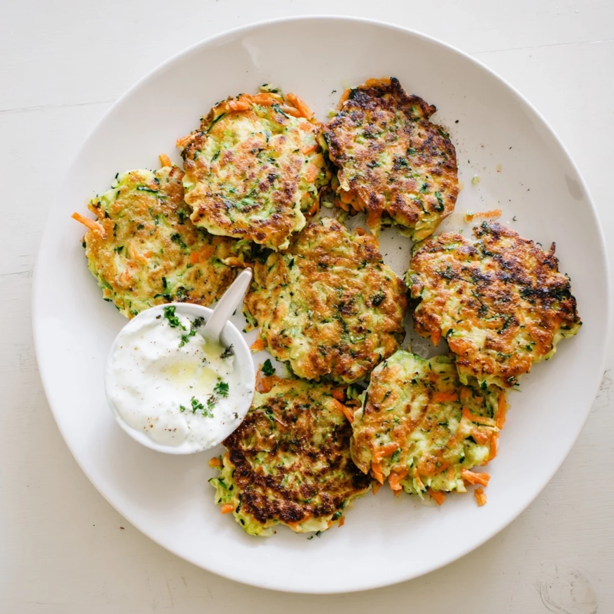 Easy Zucchini Fritters are golden and crunchy, perfect for snacking alongside a refreshing lemon herb yogurt dip.