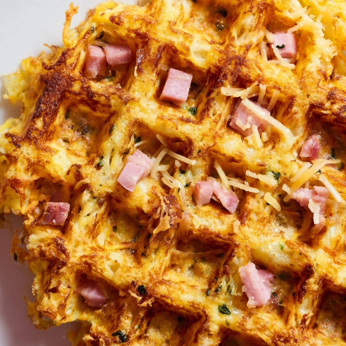 Golden crispy Ham and Cheese Chaffles with melted cheddar and diced ham filling.