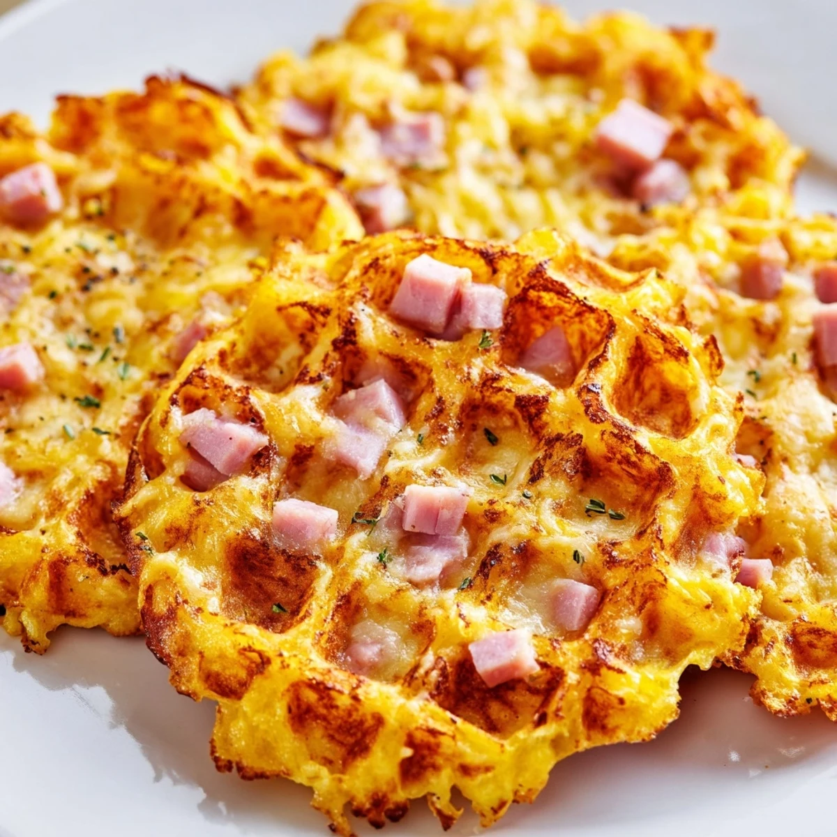 Golden-brown Ham and Cheese Chaffles fresh from the waffle maker, steaming and ready to eat.