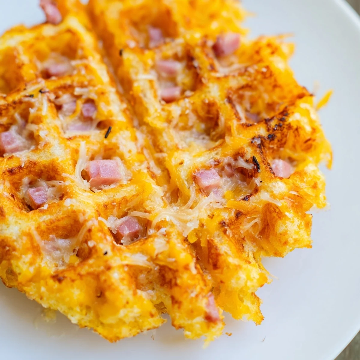 Savory low-carb Ham and Cheese Chaffles served warm with a dollop of sour cream.