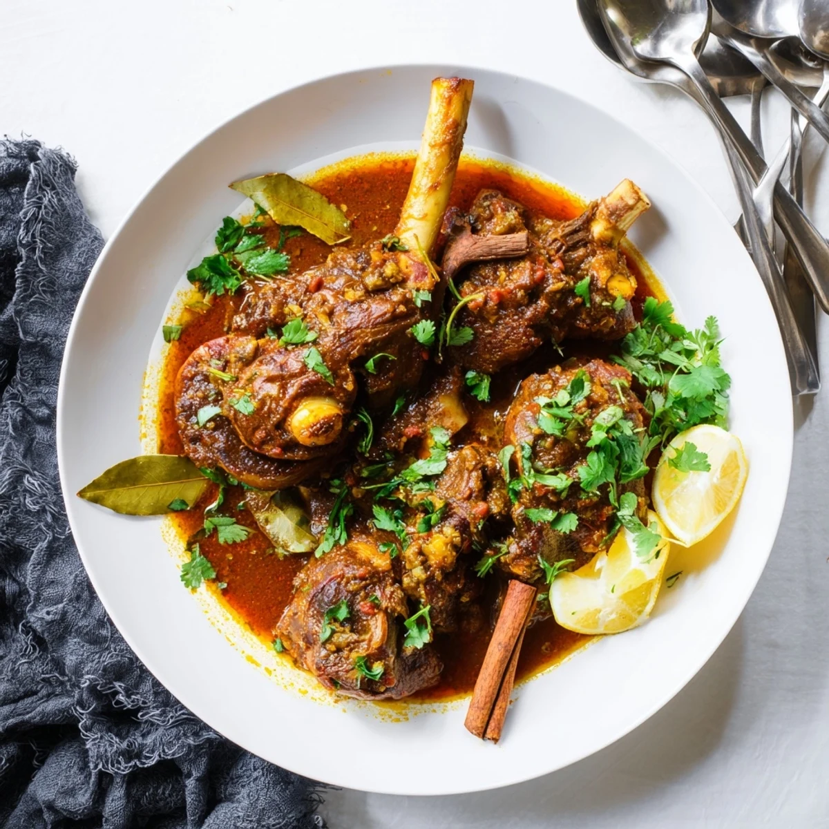 Four slow-cooked Indian lamb shanks in a rich, aromatic curry sauce, garnished with fresh cilantro and lemon wedges.