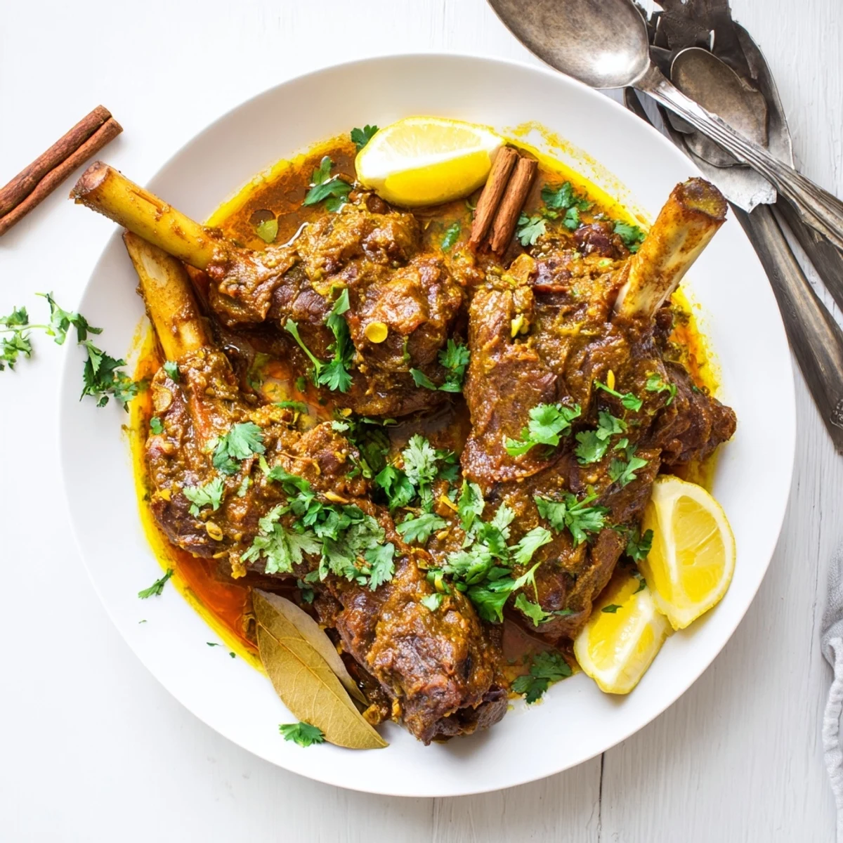 Golden-brown lamb shanks simmered in spiced tomato gravy with whole spices, ready to serve with basmati rice.