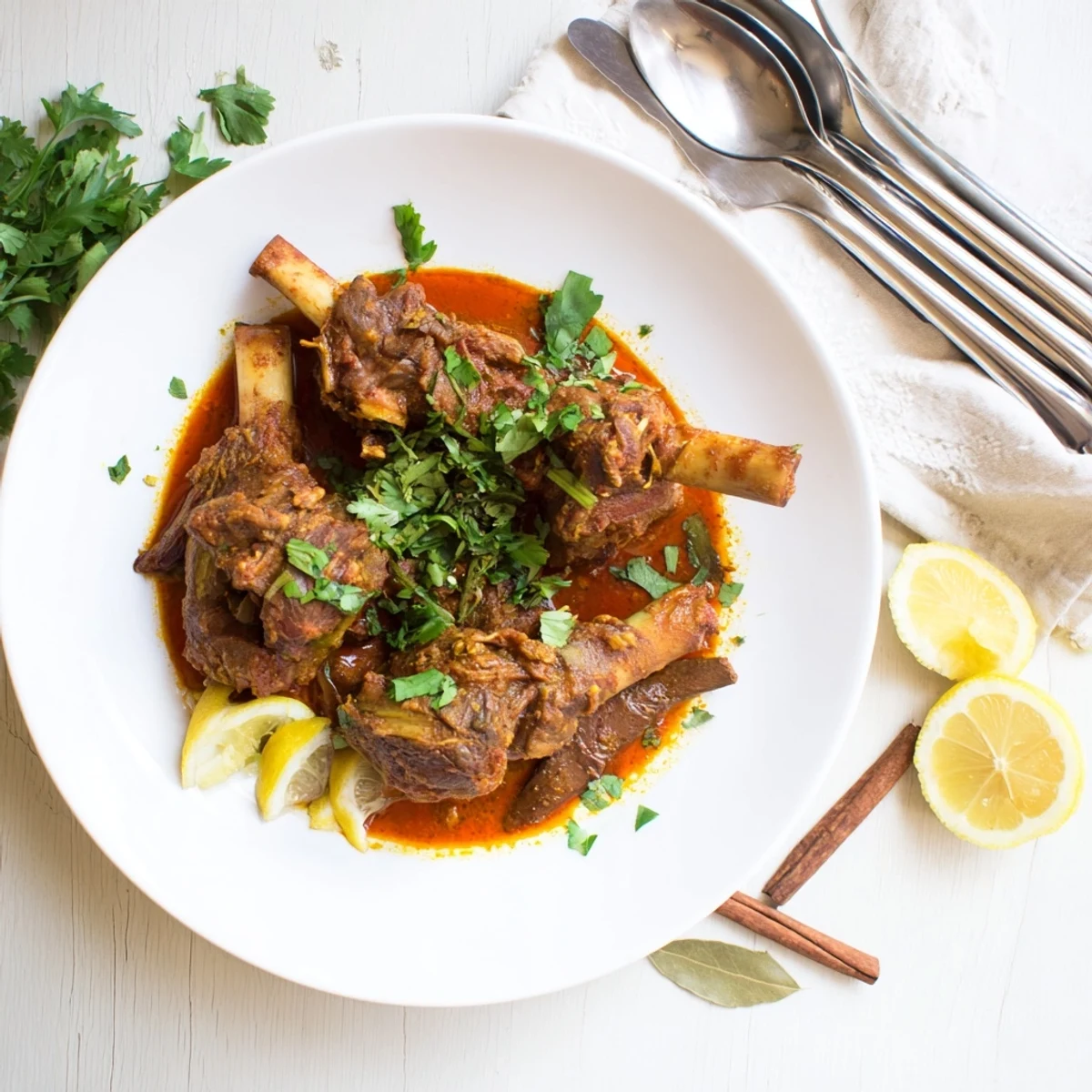 A hearty platter of tender slow-cooked Indian lamb shanks, topped with cilantro and paired with warm naan bread.