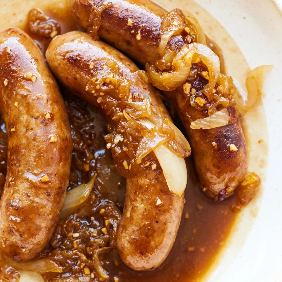 Golden brown sausages in onion gravy on creamy mashed potatoes garnished with parsley.