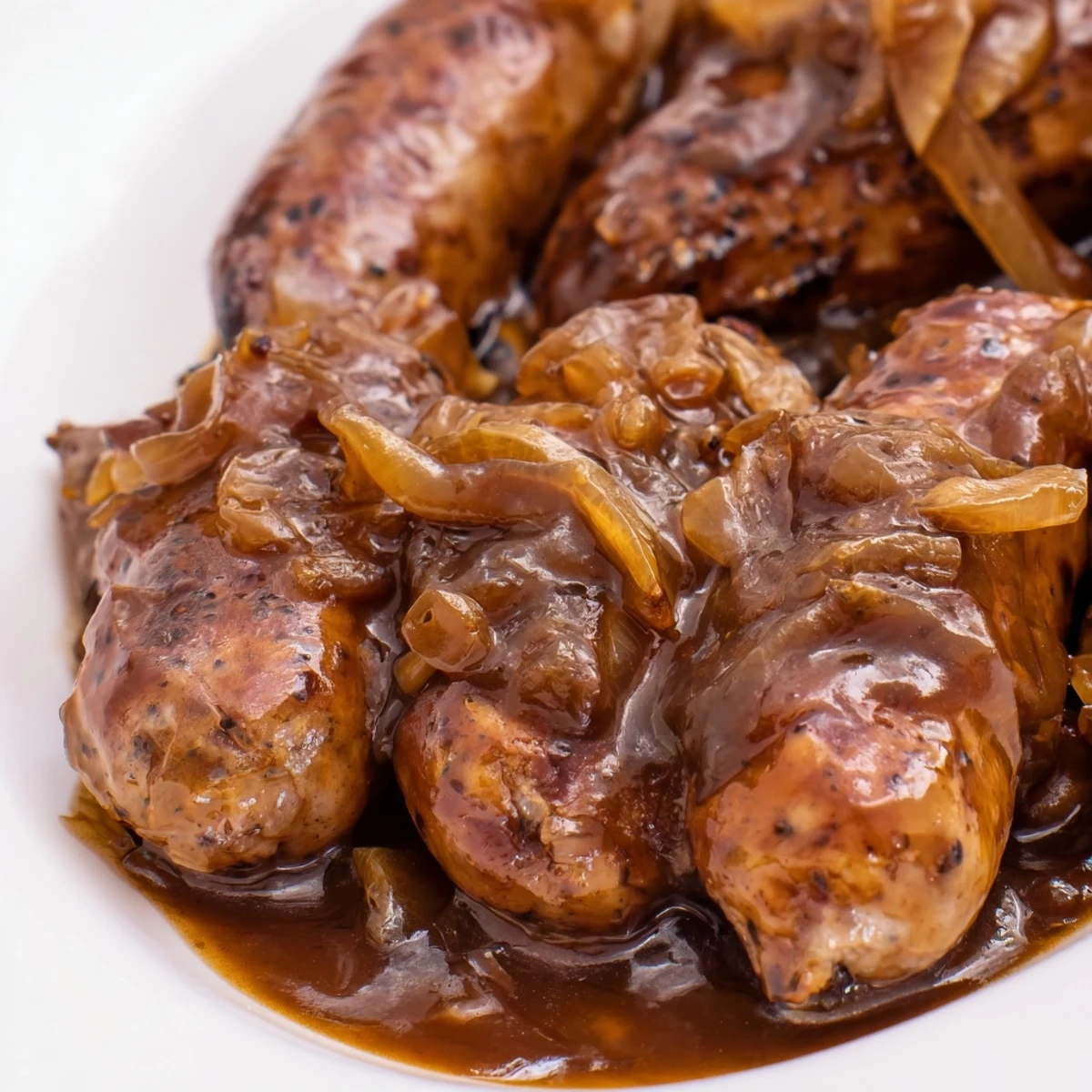 Sizzling sausages simmered in rich onion gravy served over buttery mashed potatoes.