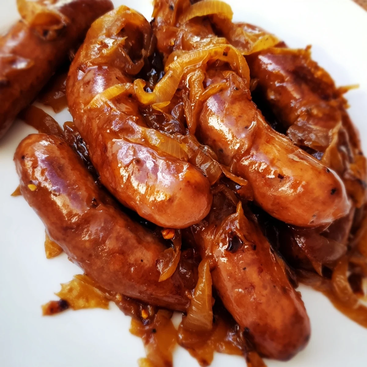 Juicy sausages in savory onion gravy with fluffy mashed potatoes and fresh parsley.