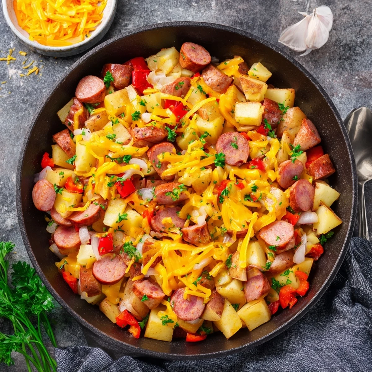 Hearty Cheesy Sausage and Potato Skillet Bake served steaming hot with a side of crisp salad.