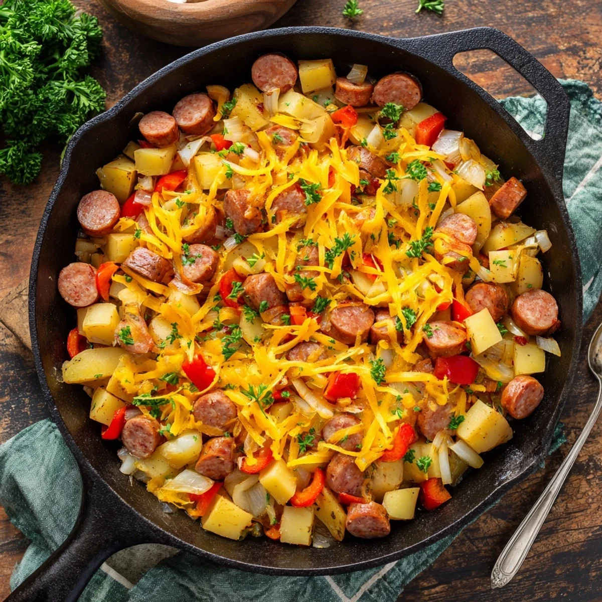 Golden-brown Cheesy Sausage and Potato Skillet Bake fresh from the oven with bubbly melted cheddar topping.